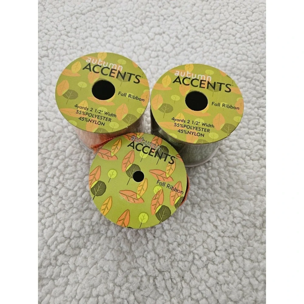 Vintage 2002 Autumn Accents Ribbon Orange Green New & Used‎ Lot Of 3 Spools Fall